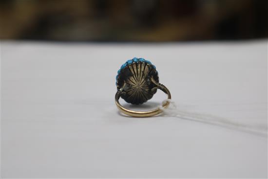 A 19th century yellow metal, turquoise and diamond set domed top ring, size J.